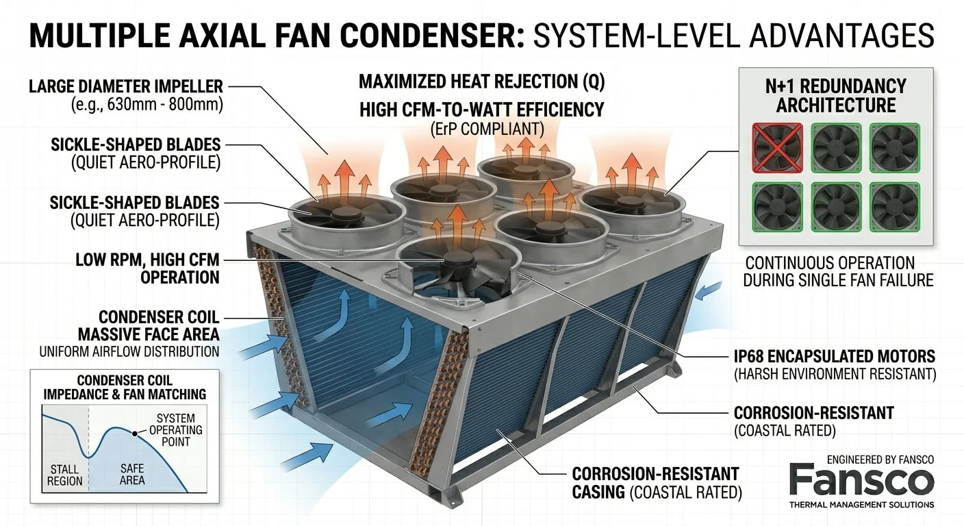 What are the main advantages of axial fan condensers?